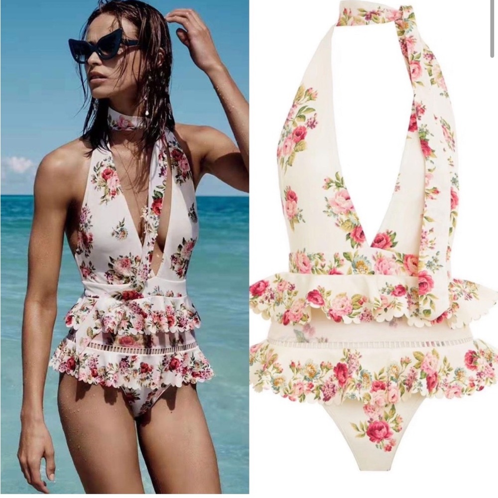 Designer-like ruffle trim tie-neck  swimsuit sz small